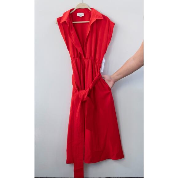 NWT Aura Red Dress Belted with Collar Capped Sleeves Size Small - Picture 7 of 8